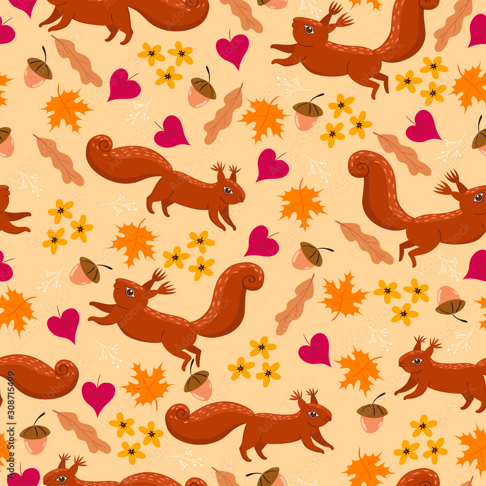 Autumn seamless pattern with squirrels. Vector graphics.