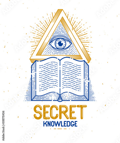 Secret knowledge vintage open book with all seeing eye of god in sacred geometry triangle, insight and enlightenment, masonry or illuminati symbol, vector logo or emblem design element.