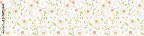 Chamomile Lawn Daisy Wildflower Motif Banner Background. Naive Margerite Flower Seamless Border Pattern. Delicate Leaves Hand Drawn Whie tTextile. Spring Summer Ribbon Trim Edging. Vector EPS 10