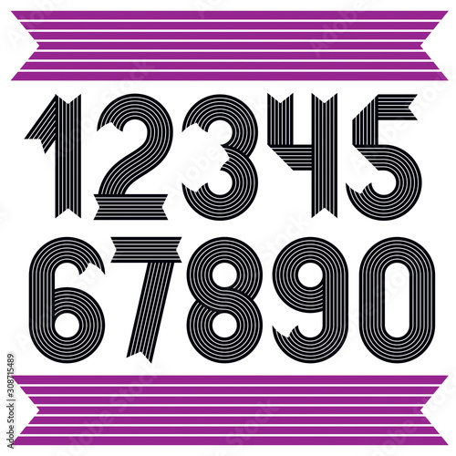 Set of cool stylish vector digits, modern numerals collection. Funky bold numbers from 0 to 9 can be used in poster art. Created using geometric stripes.