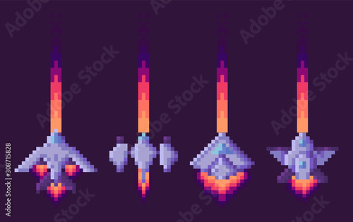 Space game pixel art elements vector, isolated ships floating in sky. Spaceship launching, traces of spacecrafts with wings, strong machinery transports