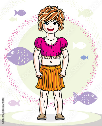 Happy little redhead girl p...
