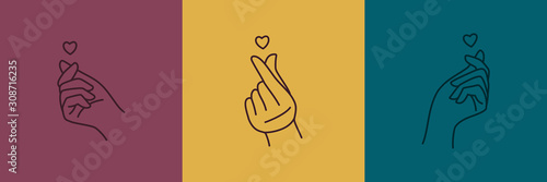 Mini heart Korean love symbol icon set. Vector Illustration of a woman's hand with a heart in a minimalist linear style.