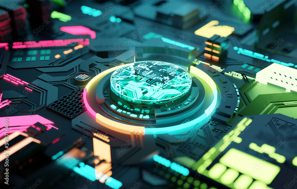Multicoloured futuristic CPU and processor, quantum and machine ...