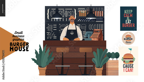 Burger house - small business graphics - seller at the counter -modern flat vector concept illustrations - a bartender at the counter, posters, chalk lettering, bar stools, plants, lamps