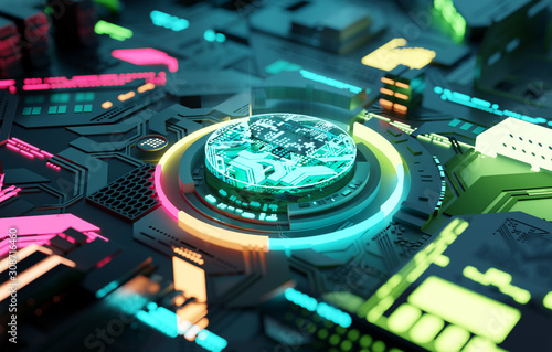 Multicoloured futuristic CPU and processor, quantum and machine learning concept. 3D illustration concept. photo