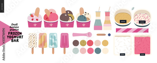 Frozen yoghurt bar -small business graphics -product range -modern flat vector concept illustrations -frozen yoghurt and ice cream trays, topping, sprinkles, posicle, paper cups, milkshakes, scoops