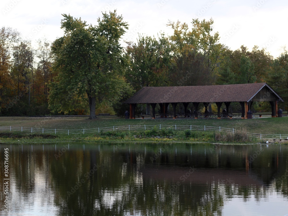 A view of the picnic shelter on a autumn evening. A view of the picnic shelter on a autumn evening.