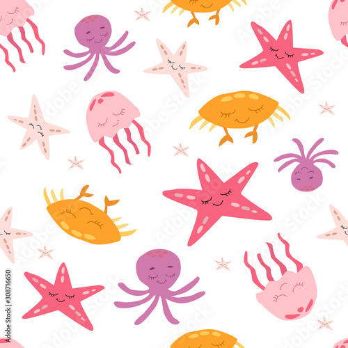 Seamless pattern with marine life. Underwater world. Red starfish and pink jellyfish  orange crab and purple octopus. Vector illustration. White background