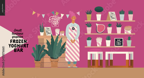 Frozen yoghurt bar - mall business graphics - shop owner -modern flat vector concept illustrations -smiling woman wearing striped apron at the counter, bar interior, shelves with plants and decoration