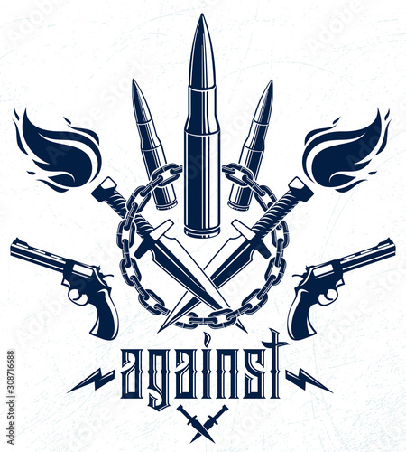 Bullets and guns vector emblem of Revolution and War, logo or tattoo with lots of different design elements, anarchy and chaos concept, criminal and gangster style, social tension theme.