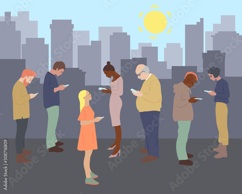 Free of phone addiction concept. Group of men and women cartoon characters with mobile phones. Flat hand drawn vector illustration. People and cityscape.