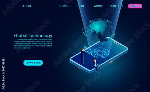 smartphone with global network. internet connection and global communication concept. isometric vector dark neon