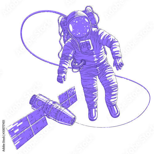 Spaceman flying in open space connected to space station, astronaut man or woman in spacesuit floating in weightlessness and iss spacecraft behind him. Vector illustration isolated over white.