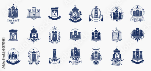 Castles logos big vector set, vintage heraldic fortresses emblems collection, classic style heraldry design elements, ancient forts and citadels. photo