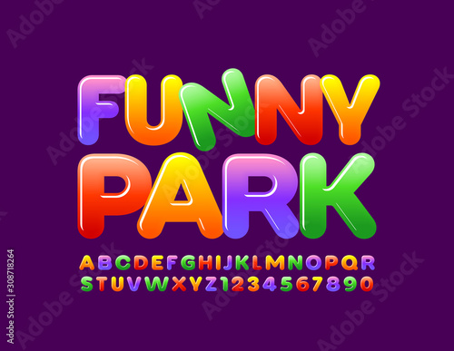 Vector bright Banner Funny Park. Playful Kids Font. Colorful Alphabet Letters and Numbers.