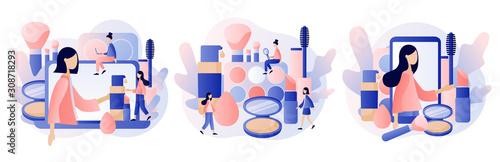 Makeup consept. Beauty blog, Beauty Salon, Makeup Courses, Make Up artist, Cosmetics Masterclass, Face Care and Beauty. Modern flat cartoon style. Vector illustration on white background