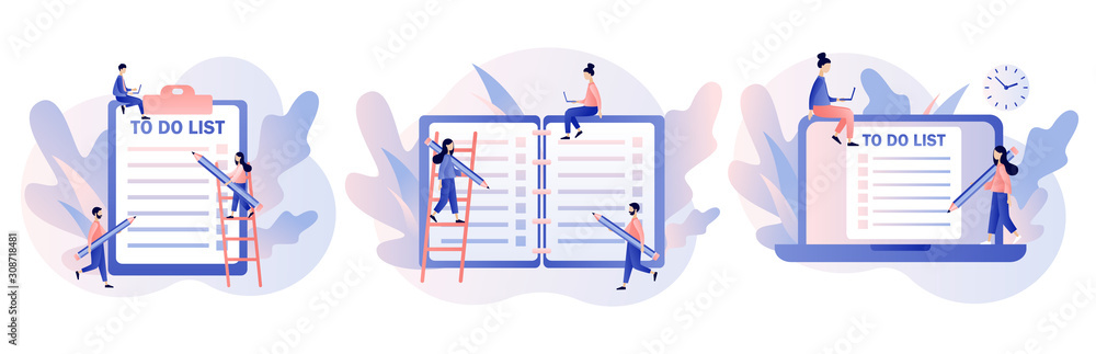 To Do List consept. Tiny people planning year, month, week. Notes online, diary, checklist, organizers and notebook pages. Modern flat cartoon style. Vector illustration on white background To Do List consept. Tiny people planning year, month, week. Notes online, diary, checklist, organizers and notebook pages. Modern flat cartoon style. Vector illustration on white background