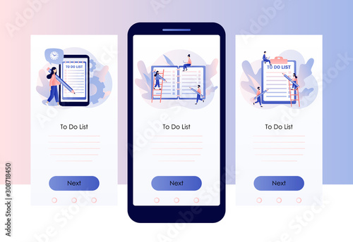 To Do List consept. Tiny people planning year, month, week. Notes online, diary, checklist, organizers and notebook pages. Screen template for mobile smart phone. Modern flat cartoon style. Vector