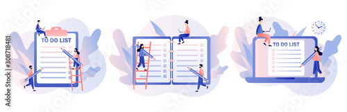 To Do List consept. Tiny people planning year, month, week. Notes online, diary, checklist, organizers and notebook pages. Modern flat cartoon style. Vector illustration on white background