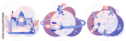 Lunar mission space exploration. Tiny astronauts in space. Spaceship travel to moon. Rocket flying around Moon orbit. Launching a rocket for a Moon. Modern flat cartoon style. Vector illustration