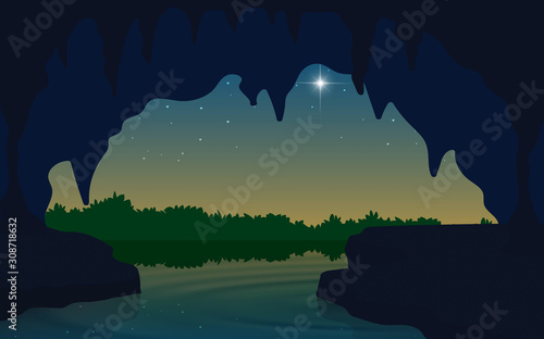 landscape of cave at the river in the morning