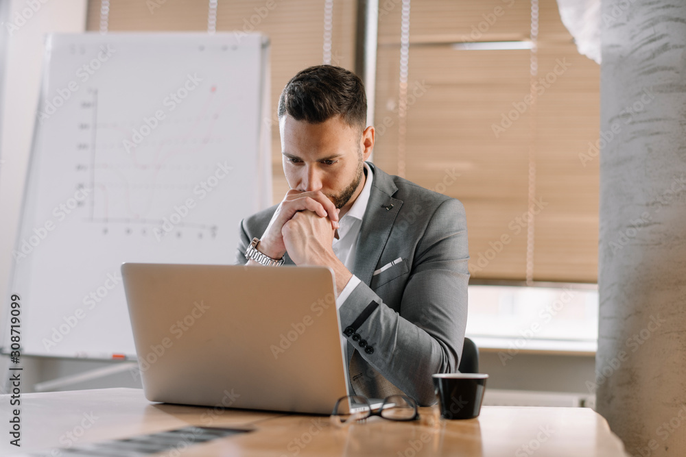 Portrait of handsome businessman in office. Worried businessman working on laptop in office . Portrait of handsome businessman in office. Worried businessman working on laptop in office .