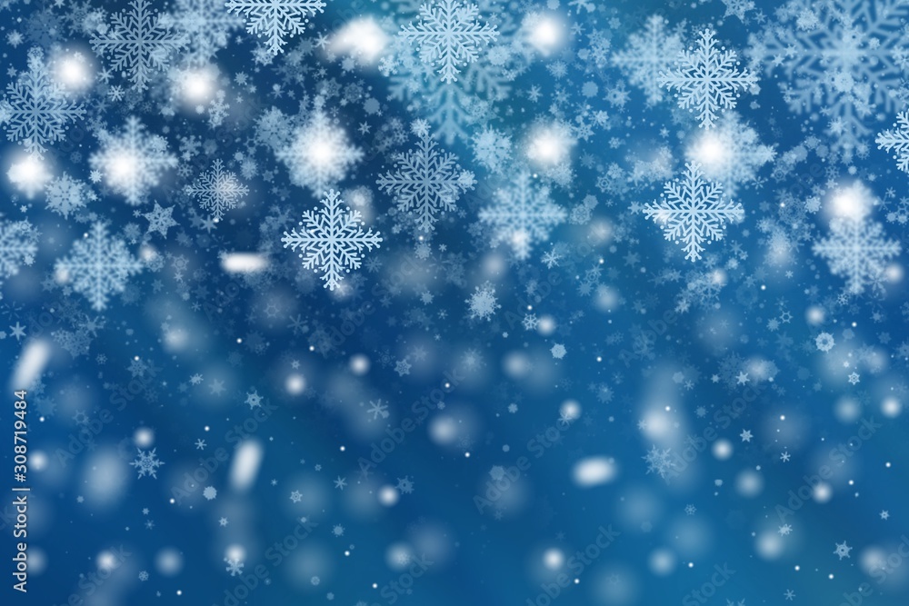 Blue abstract background with white snowflakes winter and bokeh stars blurred beautiful shiny light, use illustration Christmas new year wallpaper backdrop and texture your product. Blue abstract background with white snowflakes winter and bokeh stars blurred beautiful shiny light, use illustration Christmas new year wallpaper backdrop and texture your product.