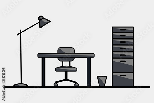 Desk set with lamps, file cabinets and bins in icon style on a white background.