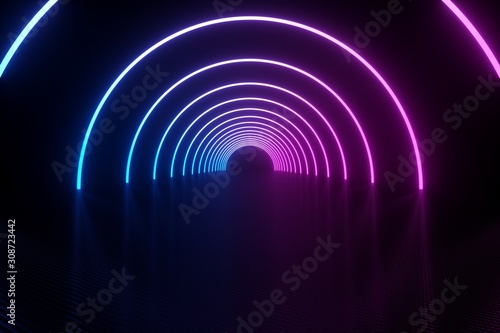 3d illustration, glowing lines, tunnel, neon lights, virtual reality, abstract background