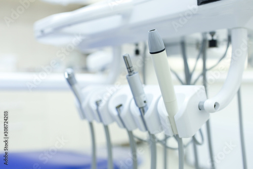 Closeup of equipment of modern dental office. Selective focus