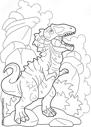 Prehistoric predatory dinosaur Carcharodontosaurus, coloring book, funny illustration