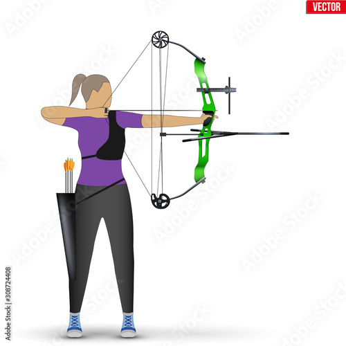 Archer with Compound Bow Archery Sport. Archery Sport Equipment. Athlete Archer Woman Aiming an arrow. Vector Illustration isolated on white background.