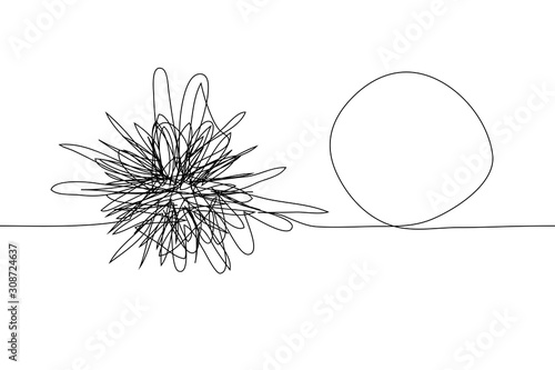 continuous one line drawing of a chaotic tangled complex knot and next to it a untwisted knot in the form of a single-line circle. Concept of solving the problem, comparing the complex and the easy