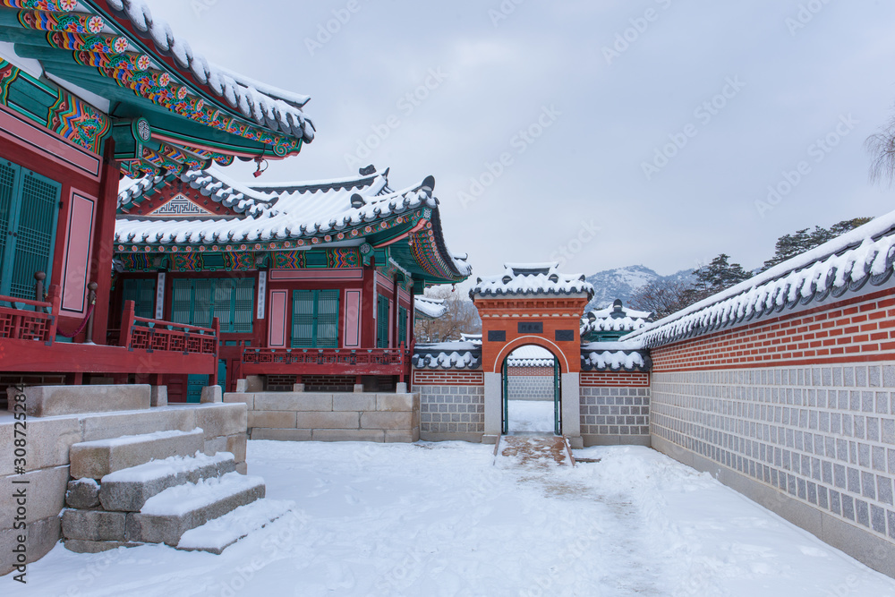 Snow Winter at  Gyeongbokgung Palace in Seoul,South Korea.