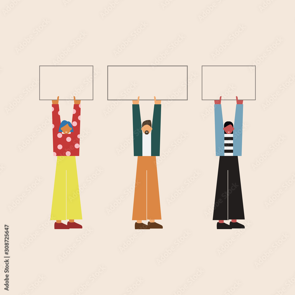 People hold banners and posters in their hands.Voting, demonstration, protest, expression of opinion, congratulations. Place for text. Vector illustration. Flat style People hold banners and posters in their hands.Voting, demonstration, protest, expression of opinion, congratulations. Place for text. Vector illustration. Flat style