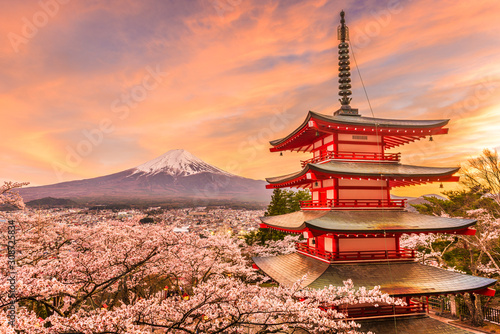 Fujiyoshida  Japan at Chureito Pagoda and Mt. Fuji in the spring