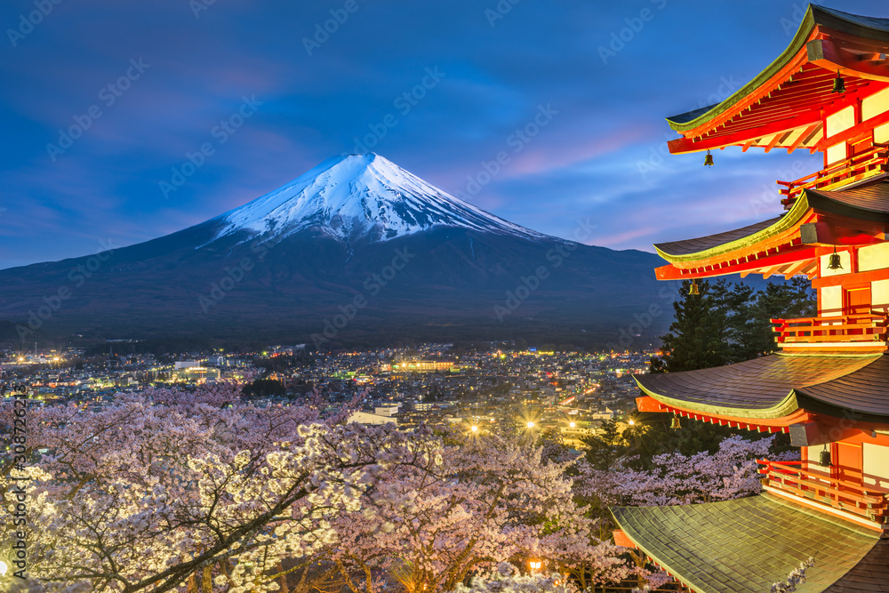 Fujiyoshida, Japan at Chureito Pagoda and Mt. Fuji in the spring