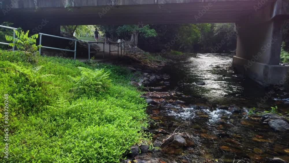 water flowing under a bridge with people walking on the side footpath water flowing under a bridge with people walking on the side footpath