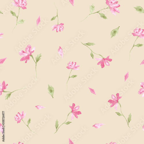 Pink flowers watercolor painting - hand drawn seamless pattern on beige background