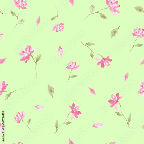 Pink little flowers watercolor painting - hand drawn seamless pattern on green background © justesfir