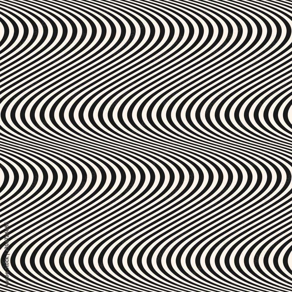 Vertical curved wavy lines seamless pattern. Vector texture with black and white waves, stripes. Dynamical 3D effect, illusion of movement. Modern abstract monochrome background. Funky repeat design Vertical curved wavy lines seamless pattern. Vector texture with black and white waves, stripes. Dynamical 3D effect, illusion of movement. Modern abstract monochrome background. Funky repeat design