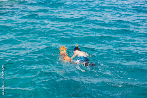 European white guy swimming together with his Labrador god companion in Red sea water nature background in vacation holidays time, top view photography, copy space 