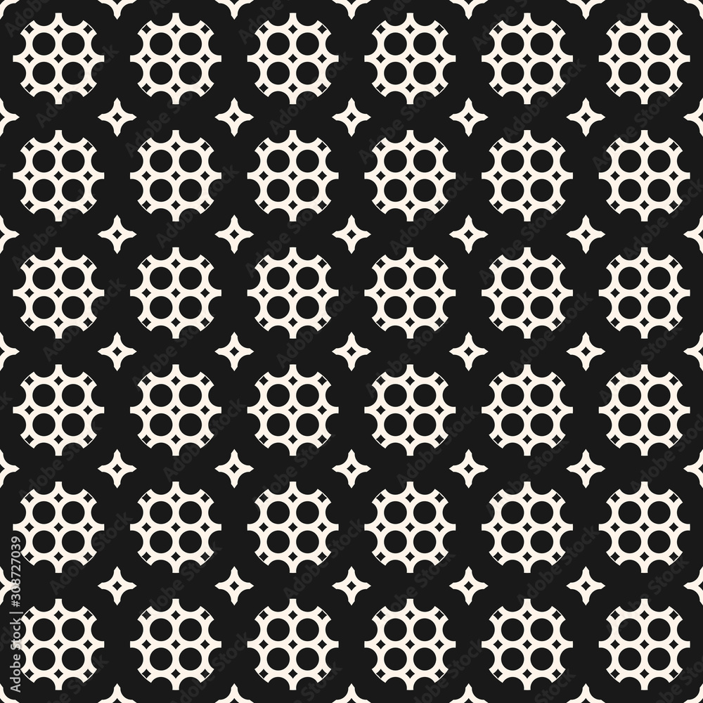 Black and white abstract geometric ornament. Monochrome seamless pattern with rounded grid, lattice, mesh, perforated structure, repeat tiles. Delicate ornamental background texture. Decorative design Black and white abstract geometric ornament. Monochrome seamless pattern with rounded grid, lattice, mesh, perforated structure, repeat tiles. Delicate ornamental background texture. Decorative design