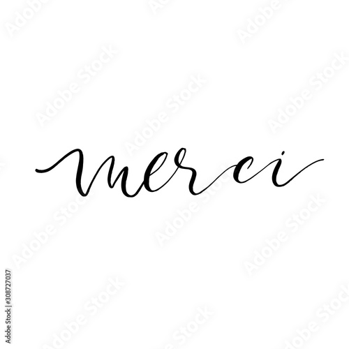 Merci or thank you card. Modern vector brush calligraphy. Ink illustration with hand-drawn lettering. 