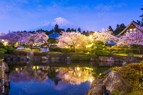 Fujinomiya, Shizuoka, Japan with Mt. Fuji and temples in spring season. photo