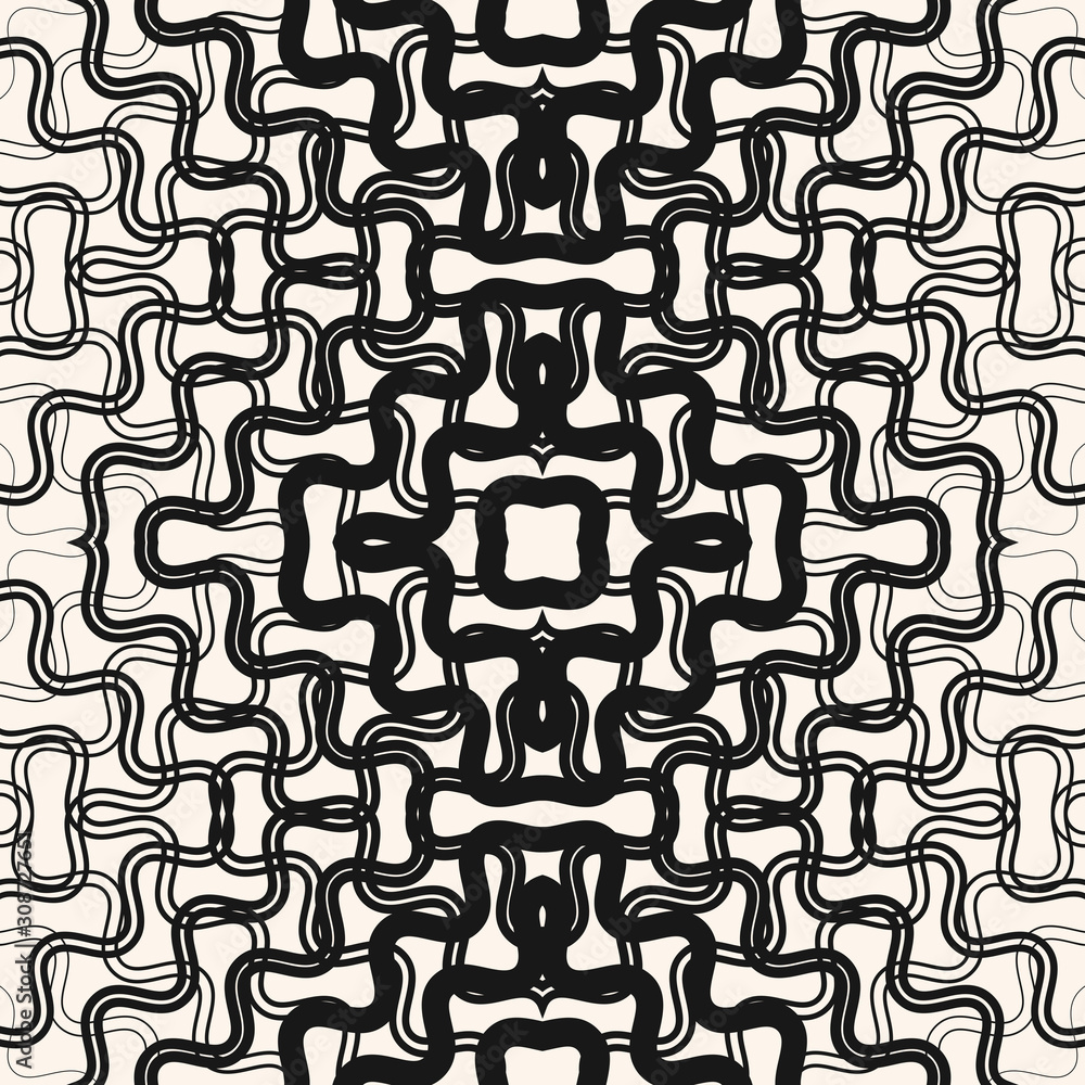 Vector abstract geometric seamless pattern with tangled curved fading shapes, wavy lines. Halftone transition effect, optical art texture. Trendy black and white graphic background. Repeat design