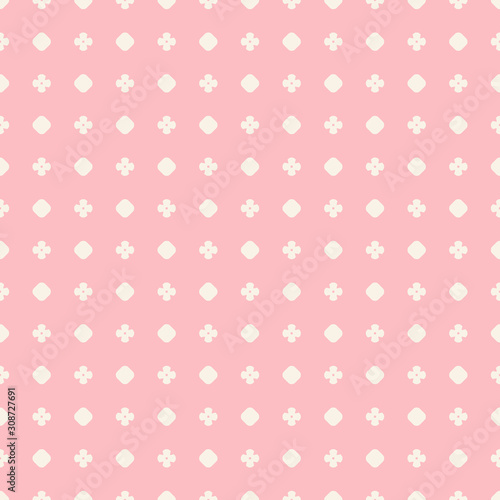 Pink vector seamless pattern. Simple geometric texture with polka dots, circles, flowers. Abstract minimal colorful background for babies, girls. Vintage design for decoration, prints, textile, cloth