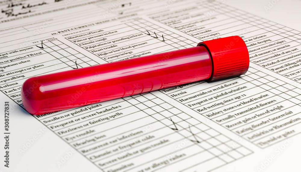 Blood collection and analysis, test tube with blood. Viruses and diseases, HIV, AIDS, 3d render Blood collection and analysis, test tube with blood. Viruses and diseases, HIV, AIDS, 3d render
