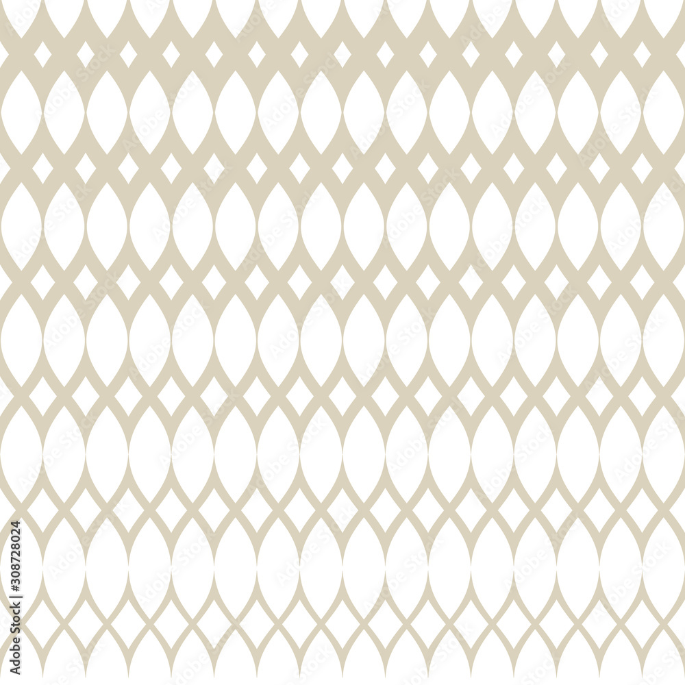 Fototapeta premium Golden vector halftone grid seamless pattern. Subtle white and gold abstract geometric texture with mesh, grid, lattice, weave, tissue, net. Gradient transition effect. Luxury repeatable background